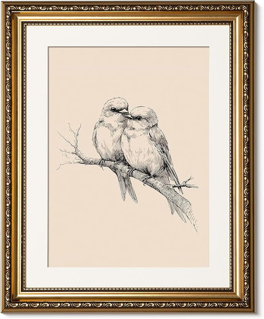 ARPEOTCY Vintage Gold Framed Wall Art, Sketch Birds in Love on a Branch Paintings, Canvas Prints Artwork with Antique Frame, Wall Picture Decor for Bedroom Gallery Living Room, 13x16 inch