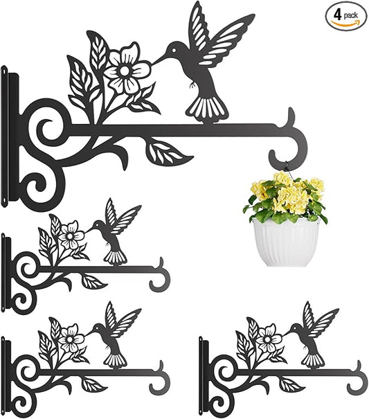 4-Pack Aesthetic Plant Hangers Outdoor – 10 Inch Metal Hanging Plant Bracket with Beautiful Hummingbird Pattern – Anti Rust Plant Hooks for Hanging Plants, Bird Feeder, Windchime, Lantern