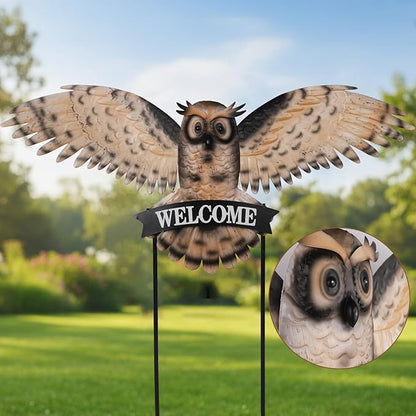 Decorative Garden Stakes Large Vintage Owl with Welcome Sign for Front Door 37.2W*35.2H, Metal Yard Art Oversized Rustic Lawn Ornaments Outdoor Decor for Mothers Day Garden Gifts