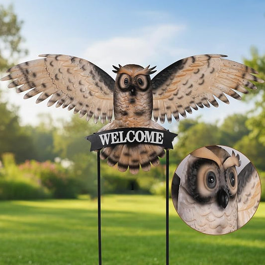 Decorative Garden Stakes Large Vintage Owl with Welcome Sign for Front Door 37.2W*35.2H, Metal Yard Art Oversized Rustic Lawn Ornaments Outdoor Decor for Mothers Day Garden Gifts