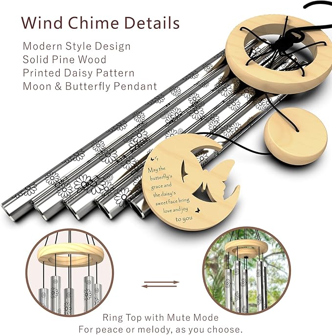 Modern Wind Chimes for Outside, 32" Daisy Print Wind Chime with Butterfly Pendant for Birthday, Mother's Day, Unique Gifts for Women, Garden Yard Patio Porch Home Hanging Decor(Silvershine)