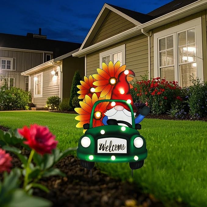 WONDER GARDEN Decorative Garden Stakes - Lighted Gnome Drive Truck Yard Sign Stakes with Sunflower, Spring Welcome Signs for Outdoor, Porch, Yard,Flower Bed Decor