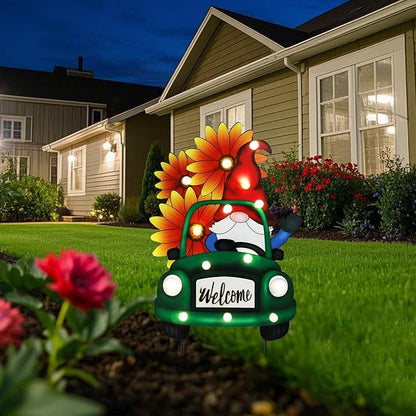 WONDER GARDEN Decorative Garden Stakes - Lighted Gnome Drive Truck Yard Sign Stakes with Sunflower, Spring Welcome Signs for Outdoor, Porch, Yard,Flower Bed Decor