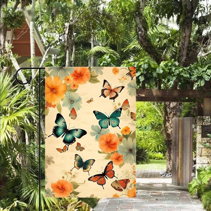 Gkyygk Butterfly Flower Garden Flag 12 x 18 Inch Double Sided Welcome Banners Farmhouse Holiday Outside Decor Burlap Yard Flag