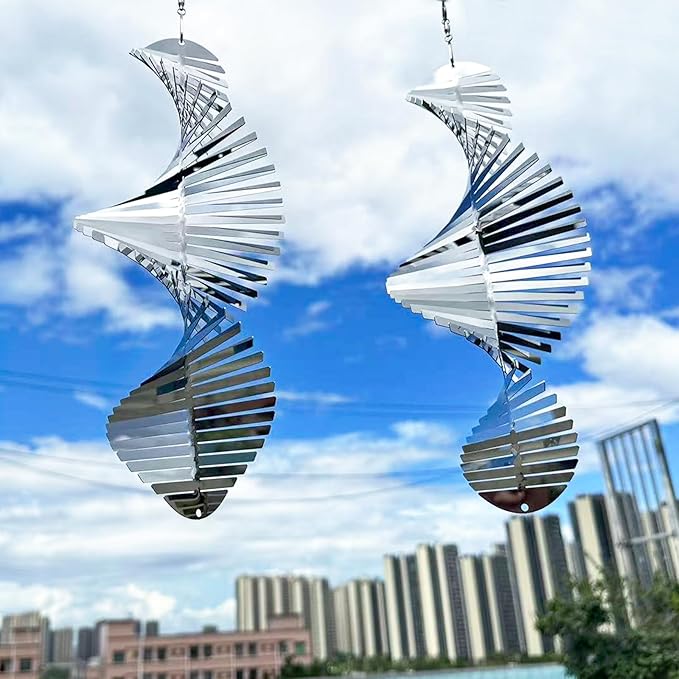 Hanging Wind Spinners,3D Spiral Highly Reflective Stainless Steel Metal Wind Spinner Outdoor Garden Decor,Bird Devices Deterrent to Scare Away Yard Birds12in 2Pcs