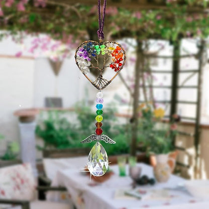 Healing Crystal Decor Tree of Life Car Hanging Accessories Suncatcher with Wings 7 Chakras Window Wall Hanging Decor Meditation Ornaments Home Decoration (Heart+Round)