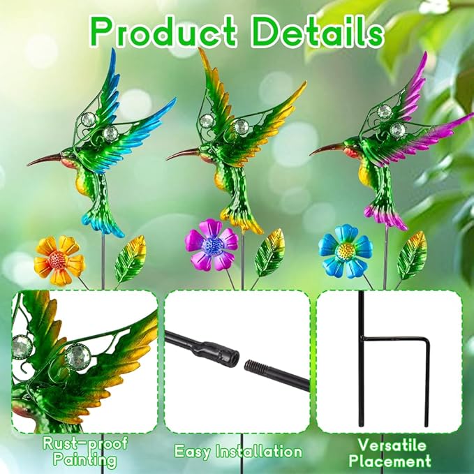 3 Pcs Hummingbird Decorative Garden Stakes with Metal Flower Set Spring Outdoor Decor,Metal Yard Art Stakes for Outside Garden Porch Lawn Plant Pot Flower Bed