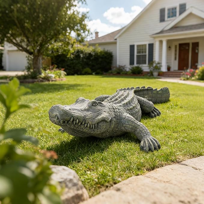 DiliComing Garden Decor Large Alligator Statue - 34 Inch Gray Resin Crocodile Outdoor Decor Swamp Themed Lawn & Yard Decoration Durable Outdoor Garden Statues Gifts