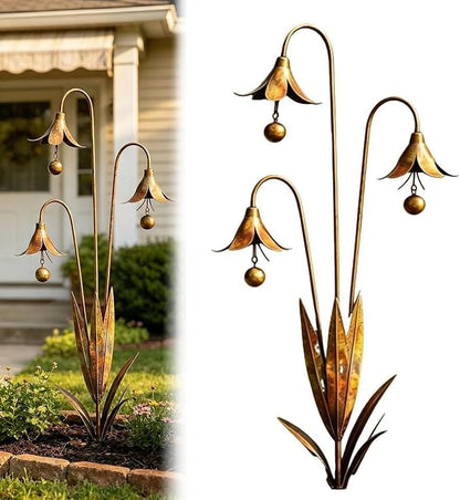 Triple Bluebells Garden Stake, Metal Flower Garden Stakes with Bells, Durable Rustic Metal Flower Outdoor Decor, Yard Ornaments Outside, for Walkways, Patios & Lawn
