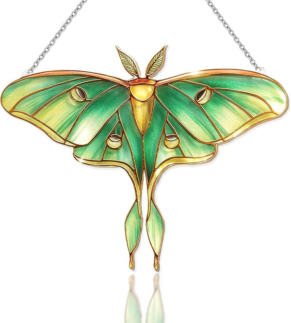 Stained Glass Window Hanging, Luna Moth Suncatcher for Window Decor, Gift for Women Mom Grandma and Art Lover, Ideal Gifts, Elegant Home Decor 5.8x7.3 Inch, Garden, Patio