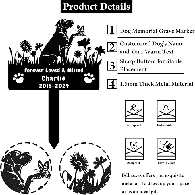 Custom Labrador Dog Memorial Grave Marker,Personalized Metal Flora Dog Memorial Stake,Dog Memorial Plaque Burial Stake Engraved Sign,Sympathy Grave Stake for Lost Dog,Dog Statue Headstone