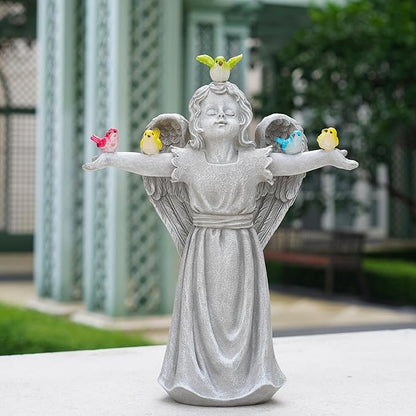 Angel Garden Statue with 5 Birds Solar Lights, Resin Cherub Figurine Outdoor Decor for Garden Porch Yard, Gift for Women Mothers Day Birthday Housewarming