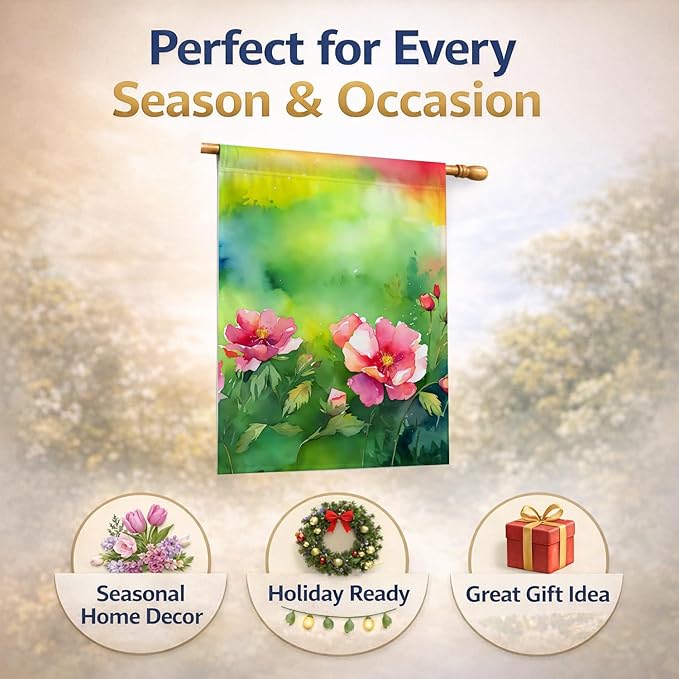 Caroline's Treasures Iowa Wild Prairie Roses in Watercolor House Flag Large Porch Sleeve Pole Decorative Outside Yard Banner Artwork Wall Hanging, Polyester, House Size, Multicolor