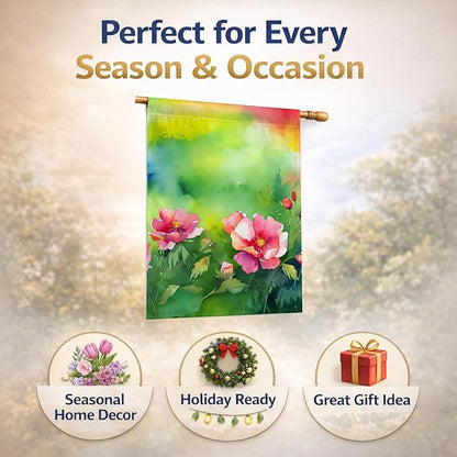 Caroline's Treasures Iowa Wild Prairie Roses in Watercolor House Flag Large Porch Sleeve Pole Decorative Outside Yard Banner Artwork Wall Hanging, Polyester, House Size, Multicolor