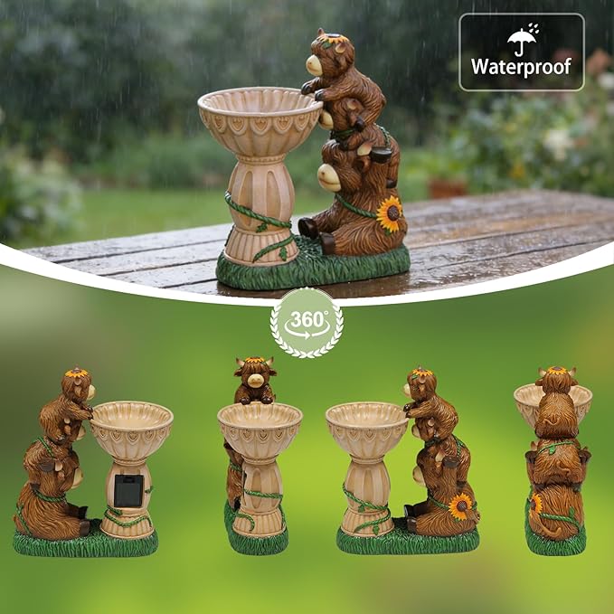 Solar Garden Statues Highland Cow Garden Decor Resin Highland Cow Statue with Bird Bath Feeder Light Animal Figurine Outdoor Yard Patio Lawn Decoration Gardening Gifts for Women 9.5 in