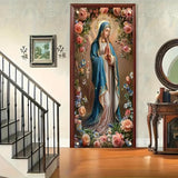 Virgin Mary Door Cover Banner Religious Floral 71x35 Inch Holy Mother Door Sign for Front Door Prayer Room Church Door Cover for Easter Christmas Spiritual Home Decor