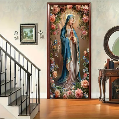 Virgin Mary Door Cover Banner Religious Floral 71x35 Inch Holy Mother Door Sign for Front Door Prayer Room Church Door Cover for Easter Christmas Spiritual Home Decor