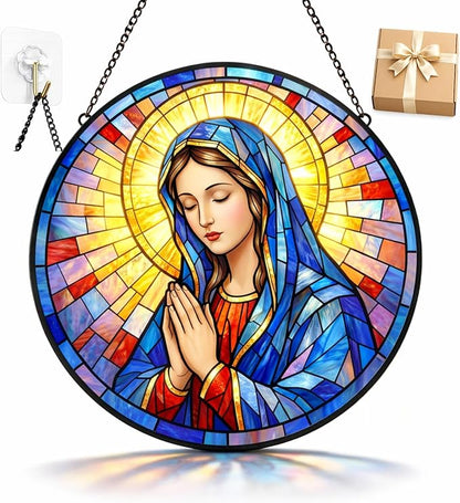 Virgin Mary Suncatcher Window Hanging, 7.8" Stained Glass Mother’s Day Religious Gift for Mom, Grandma and Friends, Catholic Christian Decor for Window, Prayer Room, Sunroom and Office