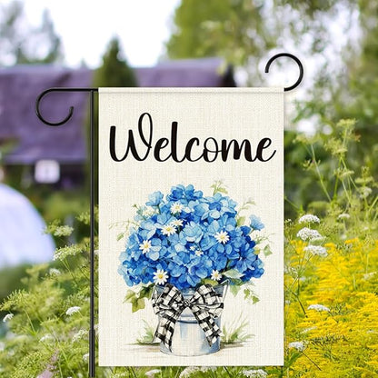 Blue Hydrangeas Spring Garden Flags for Outside,Welcome Spring Yard Flag for Porch Lawn Outside Decor 12x18 Inch Double Sided
