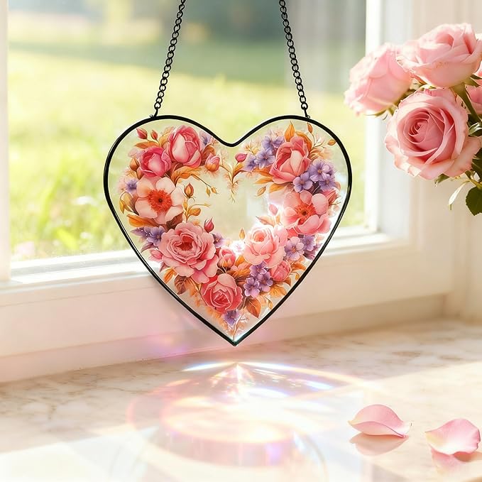 Heart - Shaped Pink Rose Stained Glass Window Hanging, 25cm/9.8in Sun Catcher for Home Garden Decor, Gift for Valentine's Day, Mother's Day (Rose)