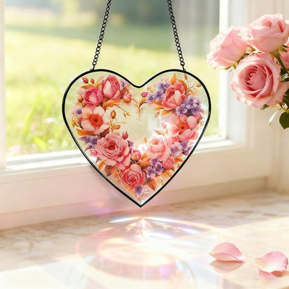 Heart - Shaped Pink Rose Stained Glass Window Hanging, 25cm/9.8in Sun Catcher for Home Garden Decor, Gift for Valentine's Day, Mother's Day (Rose)