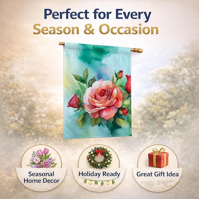 Caroline's Treasures Oklahoma Roses in Watercolor House Flag Large Porch Sleeve Pole Decorative Outside Yard Banner Artwork Wall Hanging, Polyester, House Size, Multicolor