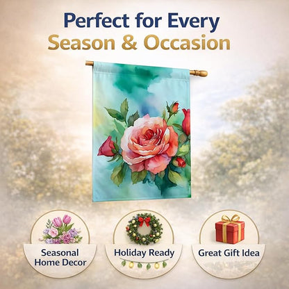 Caroline's Treasures Oklahoma Roses in Watercolor House Flag Large Porch Sleeve Pole Decorative Outside Yard Banner Artwork Wall Hanging, Polyester, House Size, Multicolor