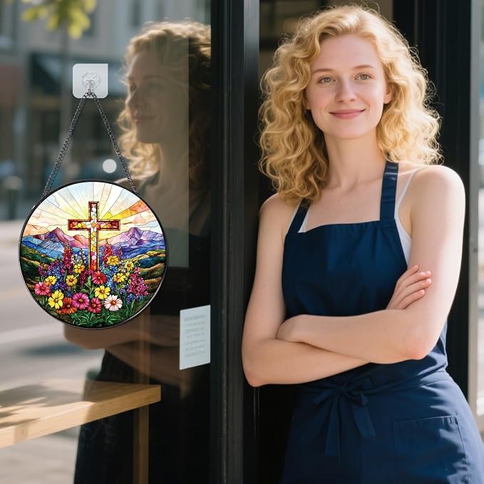 Cross Stained Glass Window Hanging, Cross Wildflowers Sun Catchers Indoor Window Plant Lover Gifts for Women Grandma, Wall SunCatchers Decor for Garden Home Birthday Christmas