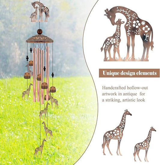 35" Giraffe Wind Chimes for Outside, Rustic Copper Mother & Baby Giraffe Silhouette Decor with 6 Pendants - Elegant Safari Memorial Windchime - Heartwarming Gift for Mom & Animal Lovers