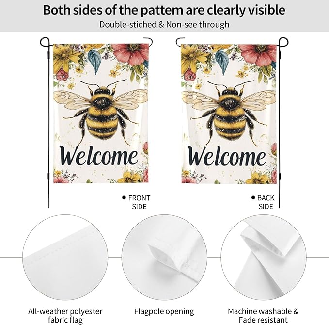 Bee Welcome Garden Flags 12×18 Inch Double Sided Decorative Yard Banner Seasonal Flag for Outdoor Outside Decor