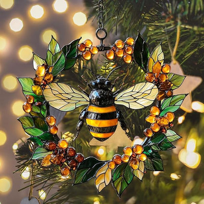 Bee Floral Wreath Acrylic Suncatcher Stained Glass Effect Window Car Hanging Christmas Ornament Indoor Outdoor Decor Garden Sun Catcher Panel for Bee Lover for Women Mom Grandma