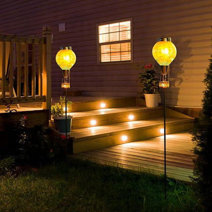 Solar Garden Lights Outdoor with Hot Air Balloon, Stake Garden Lights Solar Waterproof Flickering Lantern Lawn Pathway Patio Decor（Blue）