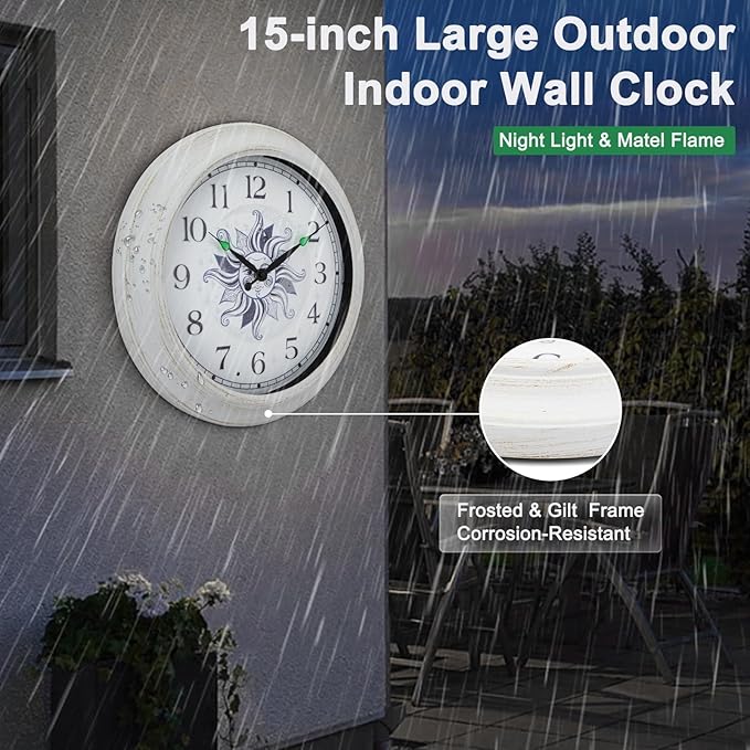 OCEST Large 15 Inch Metal Waterproof Outdoor Clock, Silent Illuminated Night Light Battery Operated Wall Clocks for Garden Pool Patio Living Room Decorative Decor