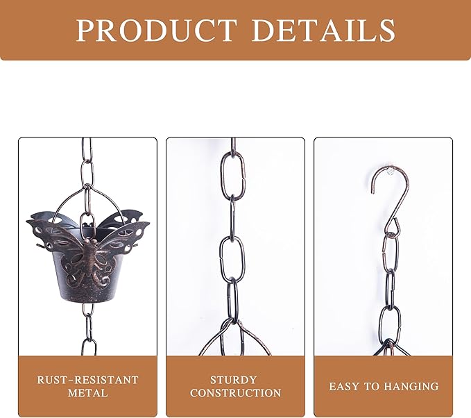 Topadorn 8.5FT Butterfly Rain Chain, Rain Chains for Gutters with 12 Cups, Adjustable Rain Catcher Chain with Bell for Eaves Drainage, Rain Collector for Enhanced Outside Yard Appeal