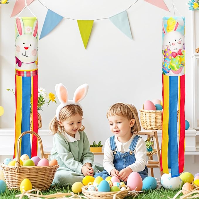 NOVWANG 40 Inch Bunny Easter Windsock - 2 Pcs Spring Windsocks for Yard, Garden, Patio, Balcony - Outdoor Hanging Decorations