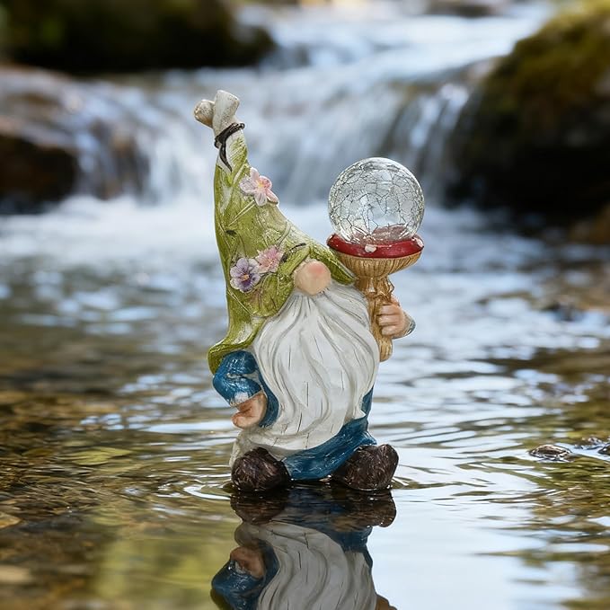 Garden Gnome Solar Light Statue - Outdoor Decorative Figurine with Crackle Glass Globe, Blue & White Floral Design, Waterproof LED Yard Art for Patio, Lawn, Garden, Porch