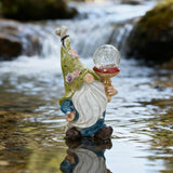 Garden Gnome Solar Light Statue - Outdoor Decorative Figurine with Crackle Glass Globe, Blue & White Floral Design, Waterproof LED Yard Art for Patio, Lawn, Garden, Porch