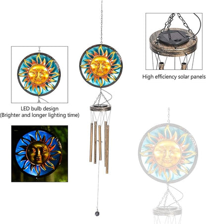 Asense Wind Chimes for Outside, Solar Powered LED Lights Sun Wind Chime, Outdoor Garden Lawn Yard Patio Decoration, Unique Hanging Decor Gifts