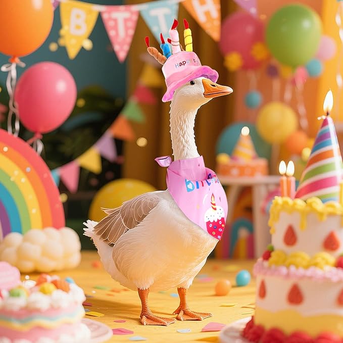 Happy Birthday Porch Goose Outfits with Birthday Cake Hat and Bandana for 17" 23" Cement Lawn Goose Statue Costume for Luau Party Outdoor Garden Yard Decor (Pink)