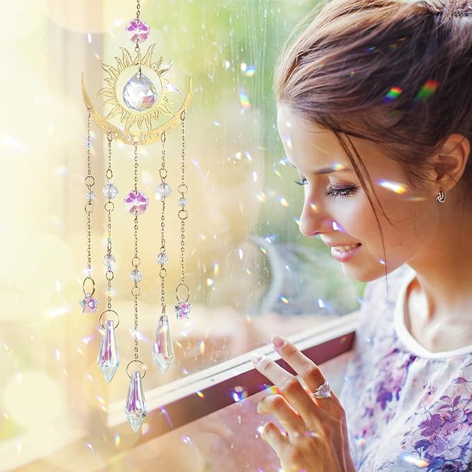 DEMIUKO Crystal Suncatcher, Suncatchers for Windows Hanging Prism Rainbow Maker Suncatchers with Crystals Indoor Outdoor Home Garden Decor for Birthday Thanks Giving Christmas(Sun and Moon)