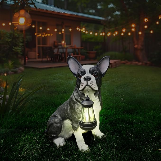 Outdoor Boston Terrier Dog Statue with Interchangeable Welcome Sign and Detachable Solar Lantern –LED Light Garden Dog Sculpture Décor Garden Statue Outdoor Dog Statue for Yard Gift