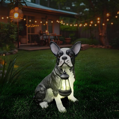 Outdoor Boston Terrier Dog Statue with Interchangeable Welcome Sign and Detachable Solar Lantern –LED Light Garden Dog Sculpture Décor Garden Statue Outdoor Dog Statue for Yard Gift