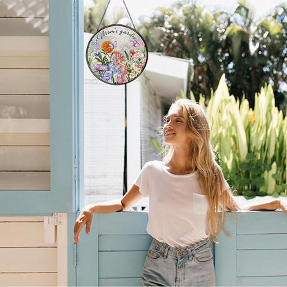 Family Birth Flowers Stained Glass Window Hanging Flower Mom Garden Sun Catcher Decor Gifts for Mom Christmas Suncatchers for Home Windows Hanging Decoration, 7.87inch