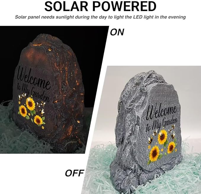 Garden Stone Sculpture with Bees and Sunflowers, Solar Resin Outdoor Sculpture, Suitable As A Grave Decoration for Gardens, Lawns, Cemeteries, Memorial Gifts, Home Decoration