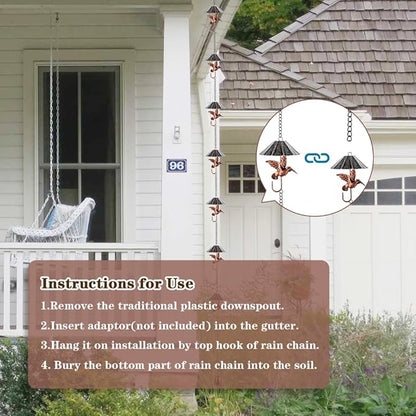 9.54 FT Rain Chain, Umbrella-Shaped Rain Chain for Outside with 10 Cups & Hummingbird Decor, Adjustable Rain Catcher Chain for Gutters, Eaves, Drainage, Replacement for Downpout