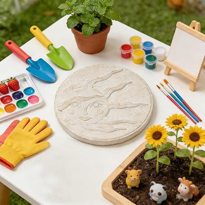 Sun Face Garden Stepping Stone- Round 12-Inch Decorative Concrete Stone, Pure Color for Outdoor Pathways Celestial Sun Face Cynkeyee