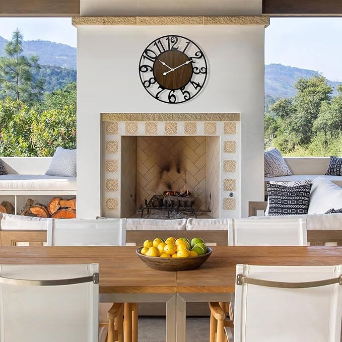 Large Outdoor Clock for Patio - 24 Inch Silent Non-Ticking Outdoor Wall Clock for Garden, Porch, Pool Area - Vintage Farmhouse Wooden & Black Metal Decorative Clock for Living Room, Kitchen
