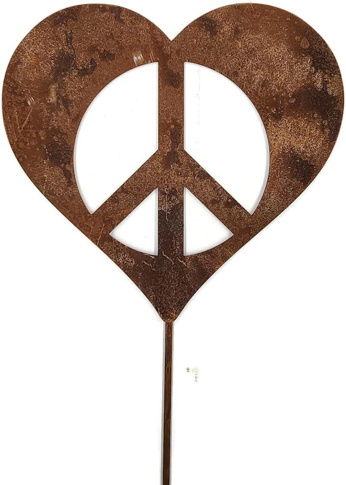 Peace and Heart Staked Signs or Wall Art Rustic or Powder Coated Finishes (Peace Heart Medium Stake 25", Naturally Rusted)
