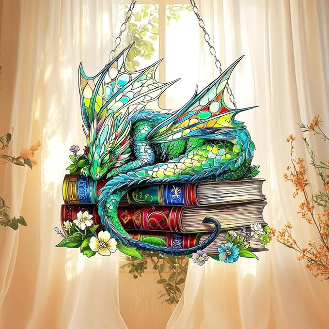 Dragon Books Bookish Acrylic Suncatcher, Book Suncatchers for Window Hangings, Bookish Gifts for Readers Book Lovers Bookworm, Gift for Mother's Day, Women, Mom, Wife, Grandma