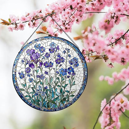 Stained Glass Window Hanging, Spring Forget Me Not Lavener Flower Suncatcher for Window Doors Garden Home Decoration, Purple Floral Botanical Glass Ornaments for Women,Wife, Lovers, and Mom 7.8×7.8 in